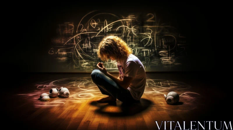 Captivating Image of a Girl with Balls on a Blackboard AI Image