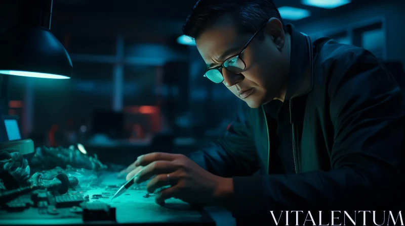 Captivating Sci-Fi Scene: A Man Working at Electronics in the Dark AI Image