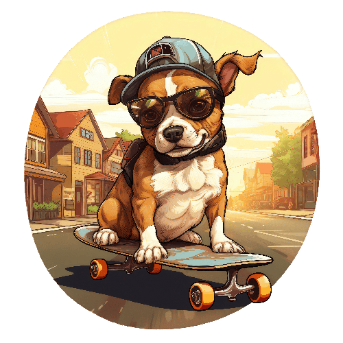 POD Design Cheerful Cartoon Dog Skateboarding in Urban Setting