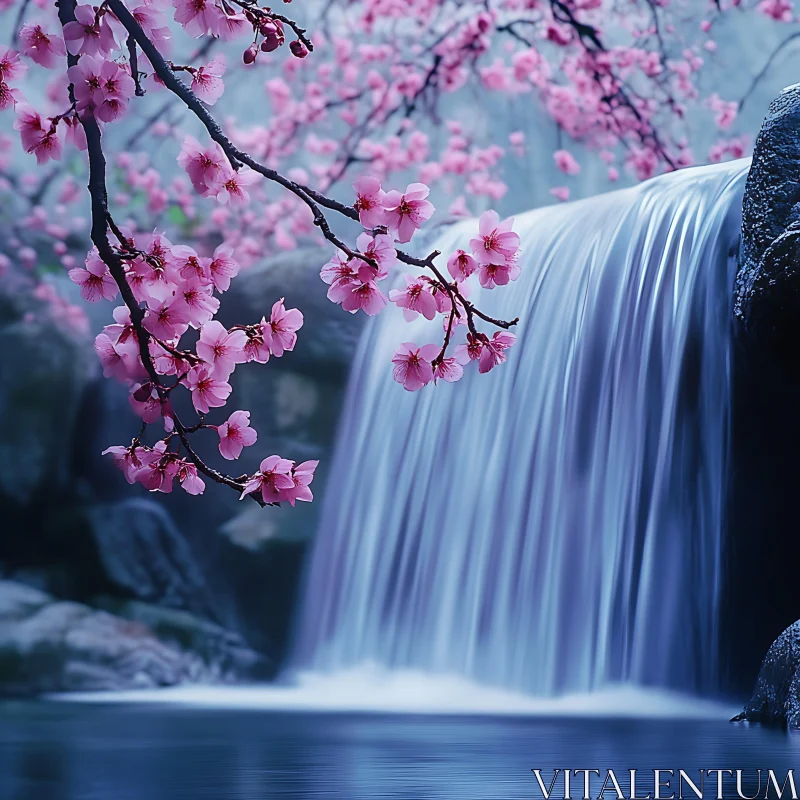 Peaceful Blossoms by a Waterfall AI Image