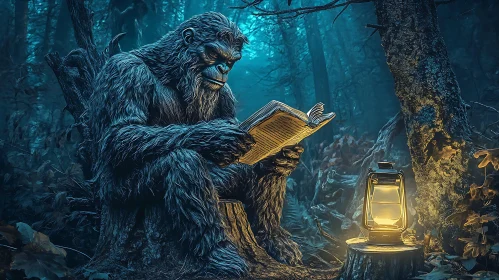 Sasquatch Reading a Book in the Woods