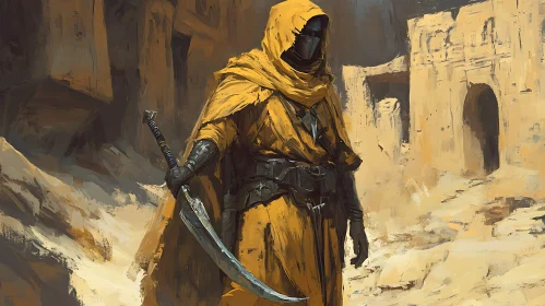 Hooded Warrior in Desert Landscape