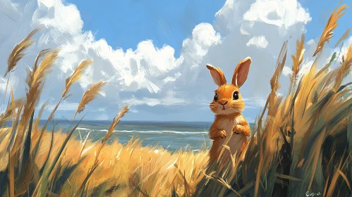 Whimsical Rabbit in Wheat Landscape