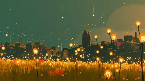 Enchanting Night Landscape of a Glowing Town and Starry Sky