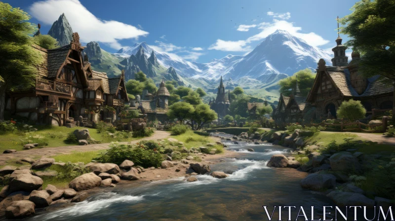 AI ART Fantasy Village Amidst Mountains and Stream