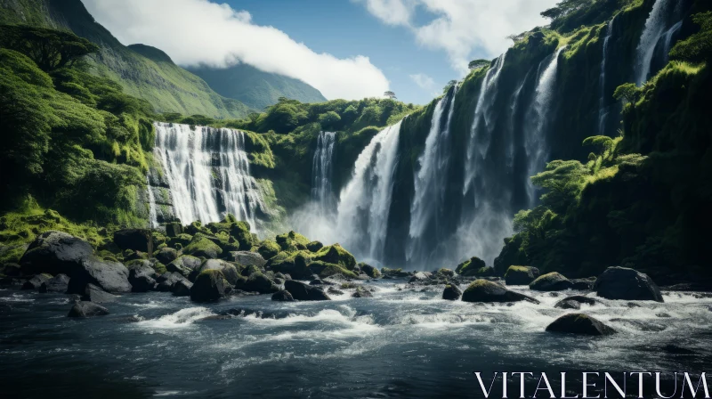 Meticulously Rendered Waterfall in a Forest Setting AI Image