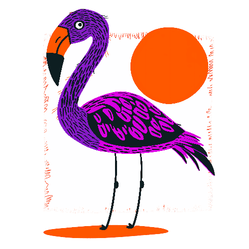 POD Design Purple Flamingo Cartoon T-Shirt Design with Artistic Frame