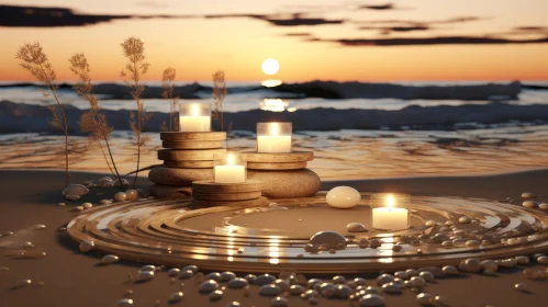 Romantic Beach Scene at Sunset with Candles and Sculptures