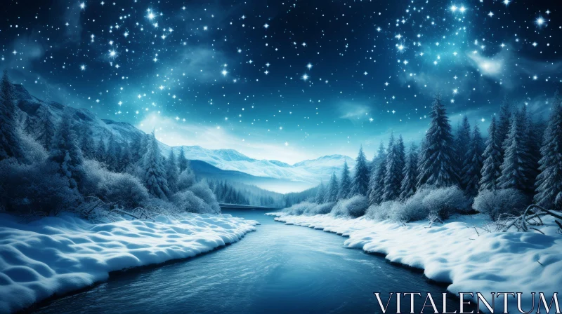 Snowy Mountains and Starlit Sky - A Joyful Celebration of Nature AI Image