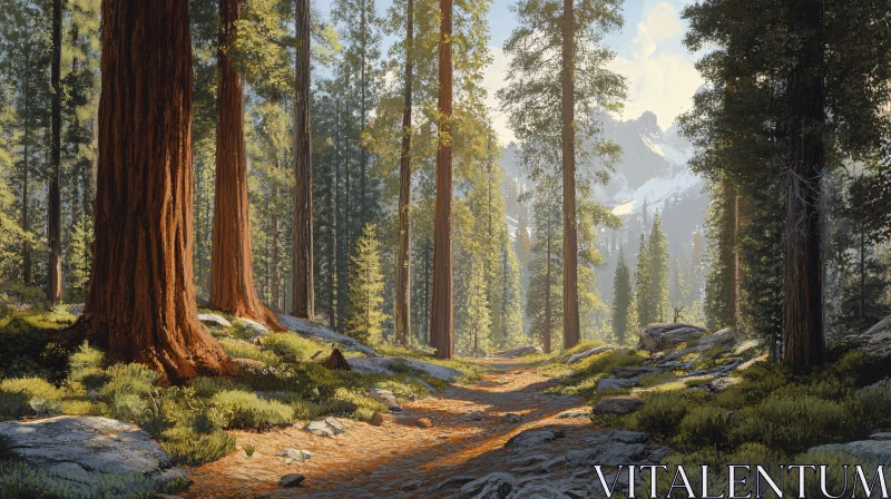 AI ART Tranquil Forest Pathway Amidst Tall Trees and Mountains