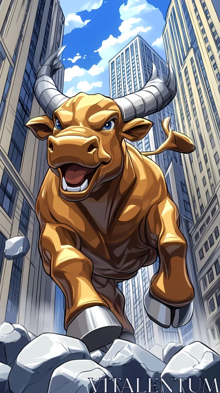 Urban Power of a Charging Bull AI Image