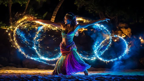 Woman Dancing with Lights on Beach