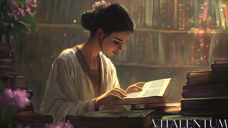 Lady immersed in literature AI Image