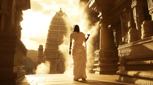 Woman in Sari at Ancient Temple
