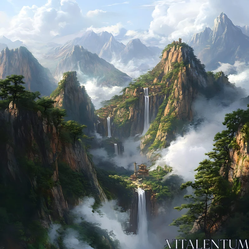 Serene Mountain Vista with Waterfalls AI Image