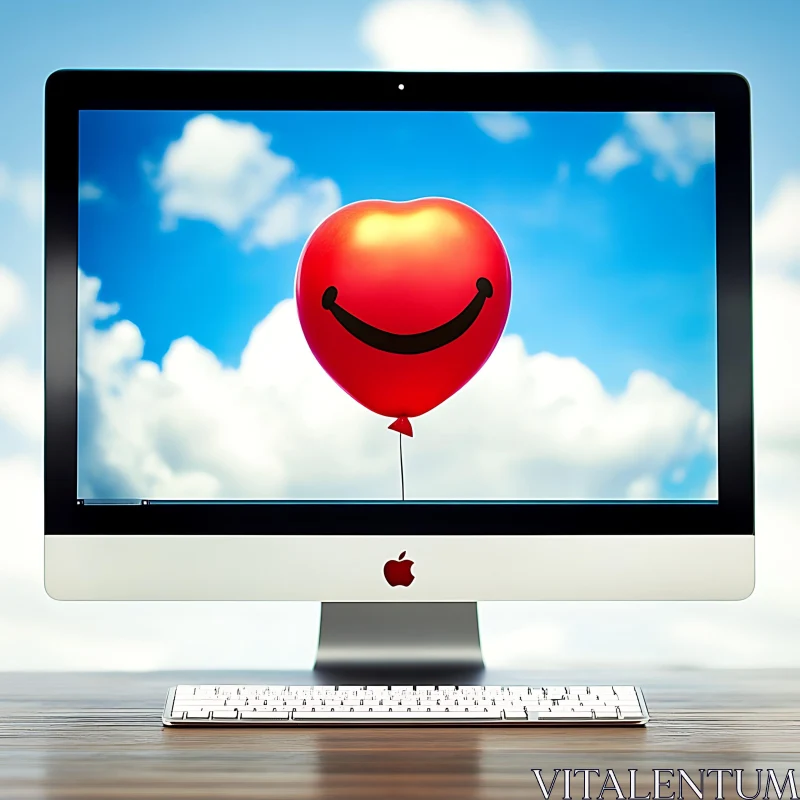 Red Balloon with a Smile on Computer Screen AI Image