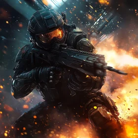 Futuristic Soldier with Rifle in Action