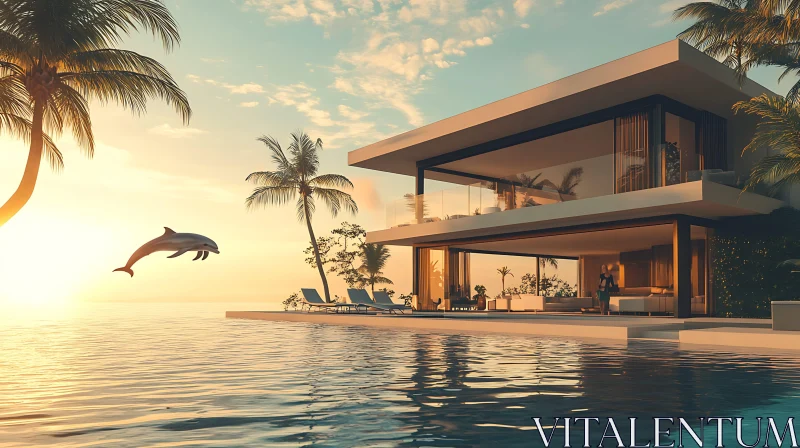 Modern Beachfront Villa with Dolphin at Sunset AI Image