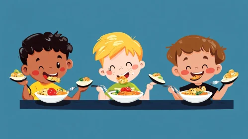 Cartoon Children Enjoying a Pasta Meal