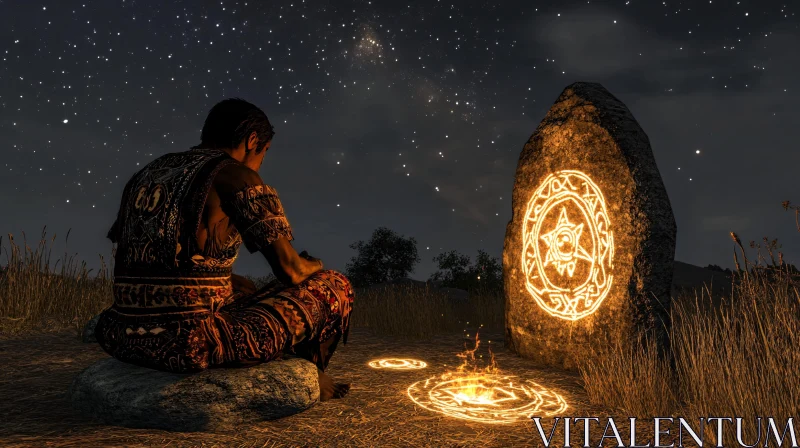 Man Meditating Near Glowing Stone AI Image