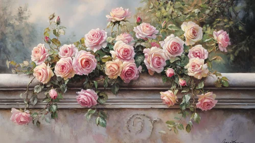 Pink Rose Cluster on Ledge