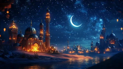 Illuminated Mosque with Crescent Moon