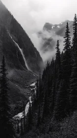 Foggy Mountain Landscape with Waterfall