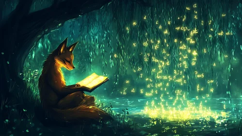 Fox Reads Magic Book Under Willow Tree