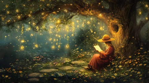 Woman Reading Book Under Musical Tree