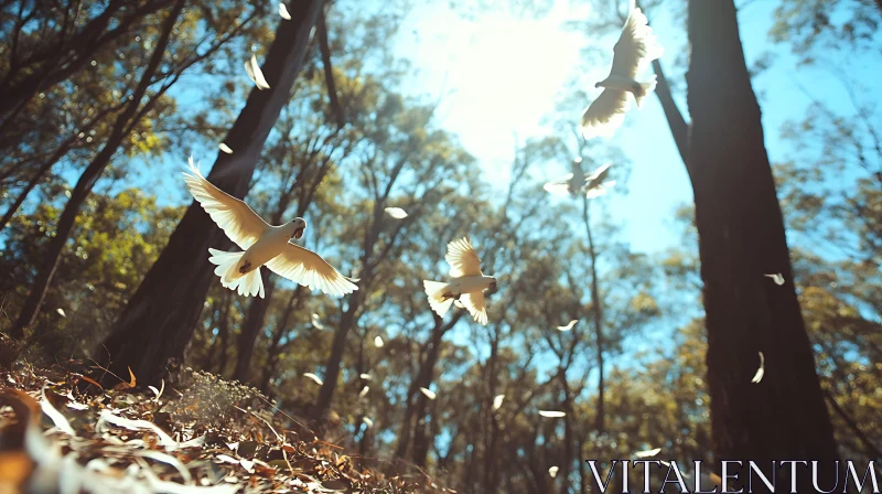 White Birds in Flight Forest Scene AI Image