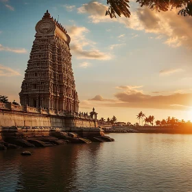 Sunset Over Ancient Temple by the Water