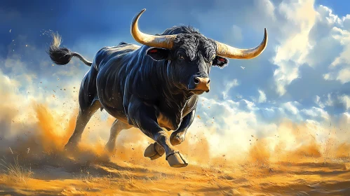 Charging Bull Under Blue Skies