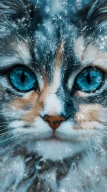 Snow-Covered Cat with Blue Eyes