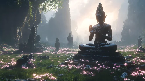 Peaceful Buddha among pink flowers
