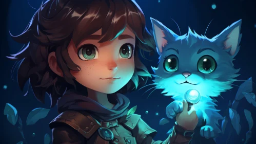 Anime Art: Boy with Blue Eyes and Cat in Fantasy Setting