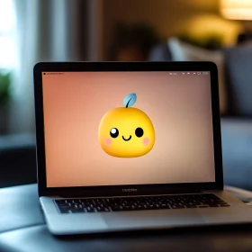 Adorable Yellow Emoji with Green Leaf on Laptop Screen