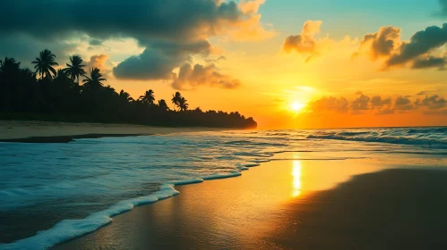 Tranquil Beach Sunset with Palm Trees