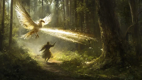 Golden Phoenix in Mystical Forest