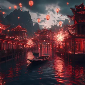 Serene Asian Waterscape with Lanterns