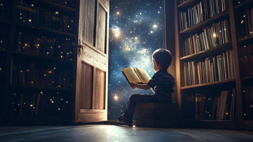 Boy Reading Book in Library with Universe