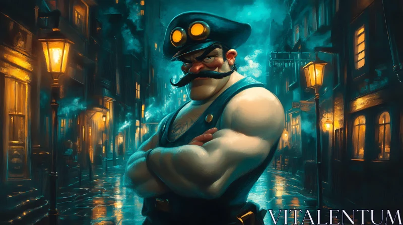 Night Watchman in Steampunk Cityscape AI Image