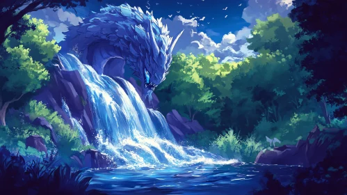 Blue Dragon and Waterfall Landscape