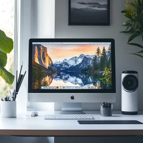 Elegant Office Desk with iMac and Breathtaking Mountain View