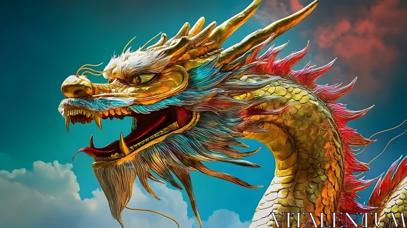 Golden Dragon Statue with Blue Sky AI Image