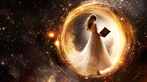 Woman and Book in Cosmic Portal