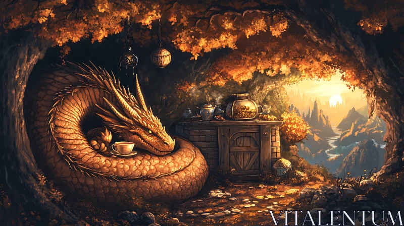 AI ART Golden Dragon Enjoying Tea Time