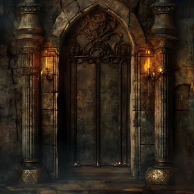 Ancient Doorway with Pillars and Candles