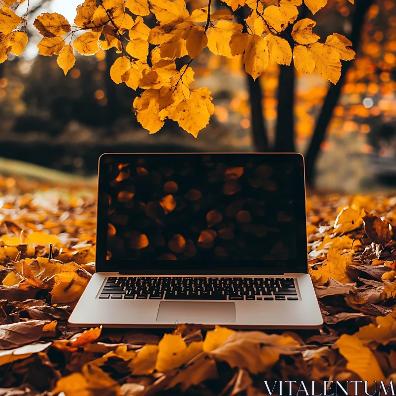 Work from Nature: Laptop in Autumn Environment AI Image