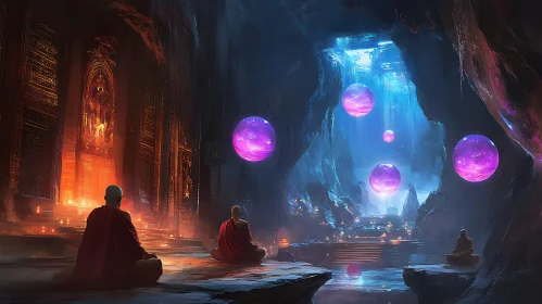 Meditative Monks in Ethereal Cave Setting