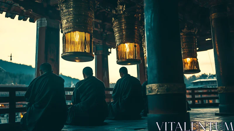 Meditative Monks Under Glimmering Lanterns AI Image